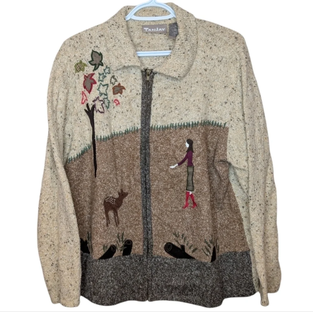 Tan Jay Brown & Oatmeal Knit Embroidered Zip Up Collared Sweater Women Large - Picture 1 of 10